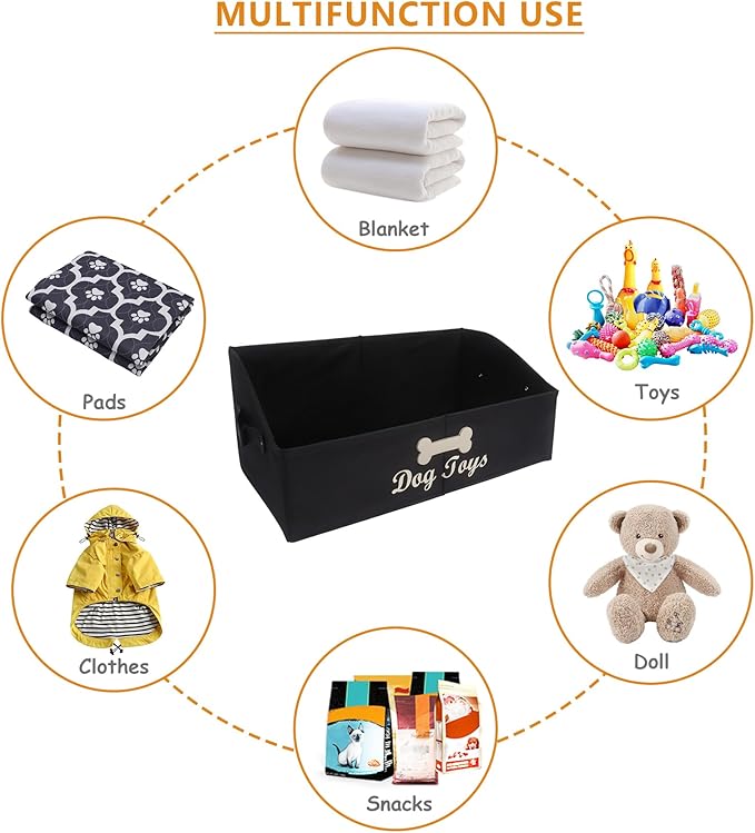 Collapsible Dog Toy Box - Fabric Storage for Toys/Blankets/Leashes - Personalizable - Black