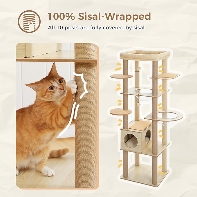 PEQULTI 71'' Cat Tree, Tall Wood Cat Tower for Indoor Cats with 2 Acrylic Cat Hammock, Multi-Level Activity Trees with Scratching Posts, Condo House and Large Top Perch for Large Cats, Beige