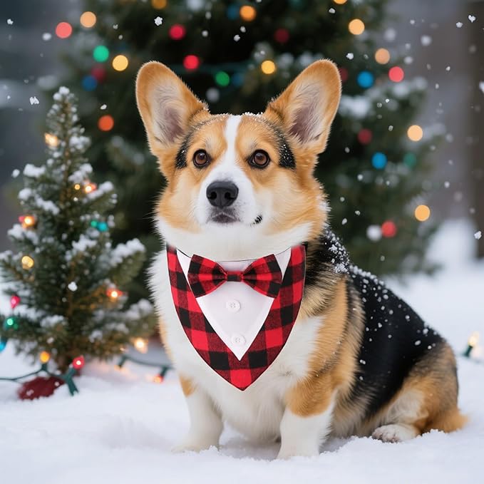 ADOGGYGO Christmas Dog Tuxedo Bandana, Red Plaid Xmas Pet Bowtie Collar, Adjustable Christmas Costumes for Medium Dogs (M)