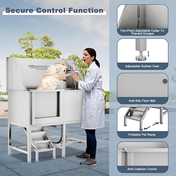 50" Pet Dog Bathing Station, Stainless Steel Dog Bathtub W/Ramp, Floor Grate, Dog Bath Brush, Washing Gloves for Home, Professional Dog Washing Station for Pets (50 Inch Left Door)