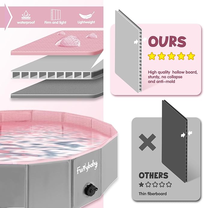 Furrybaby Dog Pool, Foldable Dog Pools for Large Dogs Portable Kiddie Pool Pet Doggie Wading Swimming (Pink 63'') Indoor and Outdoor