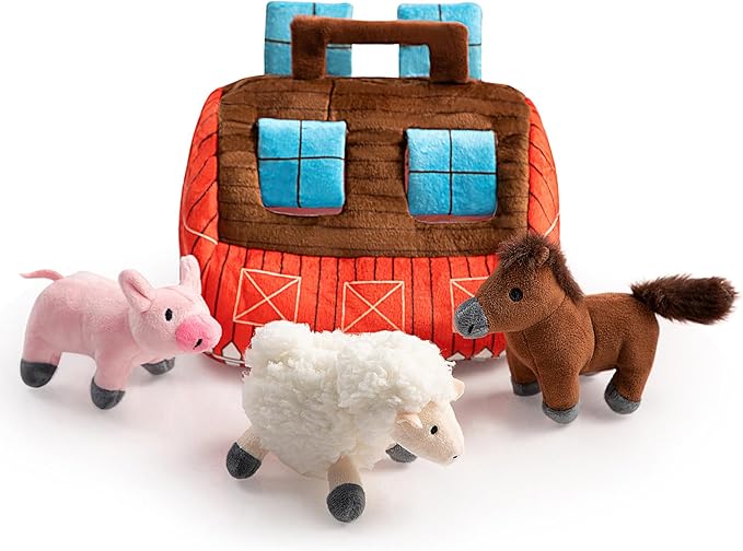 Hollypet Hide and Seek Squeaky Dog Toy, Designed Interactive Puzzle Plush Stuffed Puppy Toys, Farm