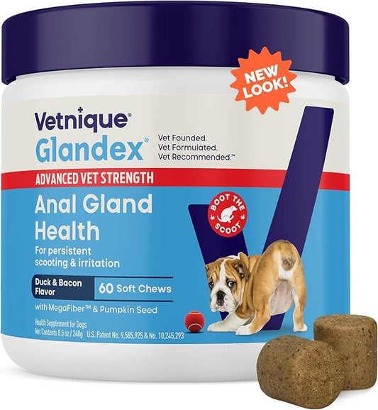 Vetnique Glandex Anal Gland Soft Chew Treats with Pumpkin for Dogs Digestive Enzymes, Probiotics Fiber Supplement for Dogs Boot The Scoot (Advanced Strength Duck/Bacon Chews (Vegetarian), 60 Ct)