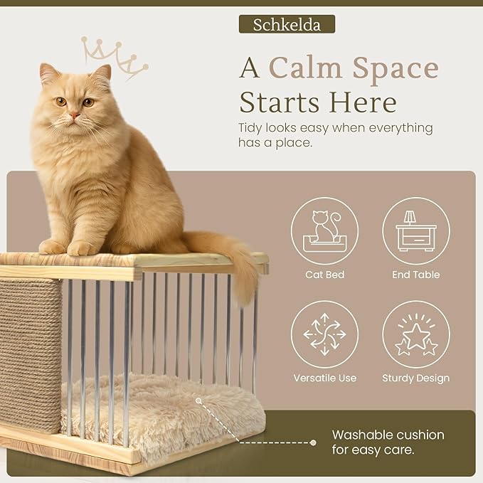 Wooden Cat House for Indoor Cats – Cat Furniture - Cat Bed with Area Scratching Pad - Cat Houses & Condos – Bedside End Table & Coffee Table for Living Room, Bedroom Decoration