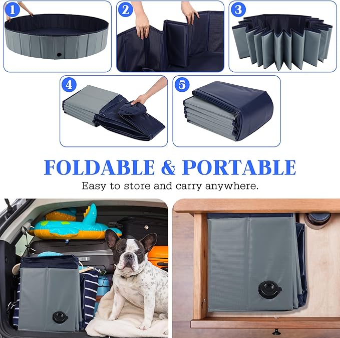 Foldable Dog Pool, Portable Pet Bath Tub and Kiddie Swimming Pool, Collapsible Bathtub for Puppies, Small, Medium and Large Dogs, Cats and Kids, 39.5 x 12 in, Gray