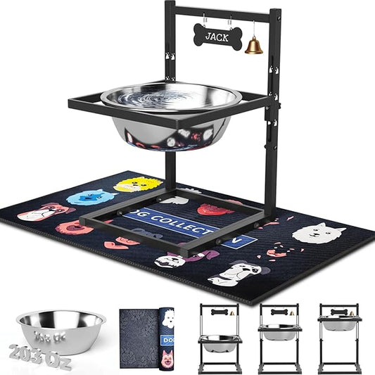 1.6Gallon Elevated Dog Water Bowl for Large Dogs, Height Adjustable (10-17.8in) Raised Stainless Steel Bowl with Spill-Proof Mat & Sturdy Metal Stand, Easy-Clean Feeder for Indoor/Outdoor Use