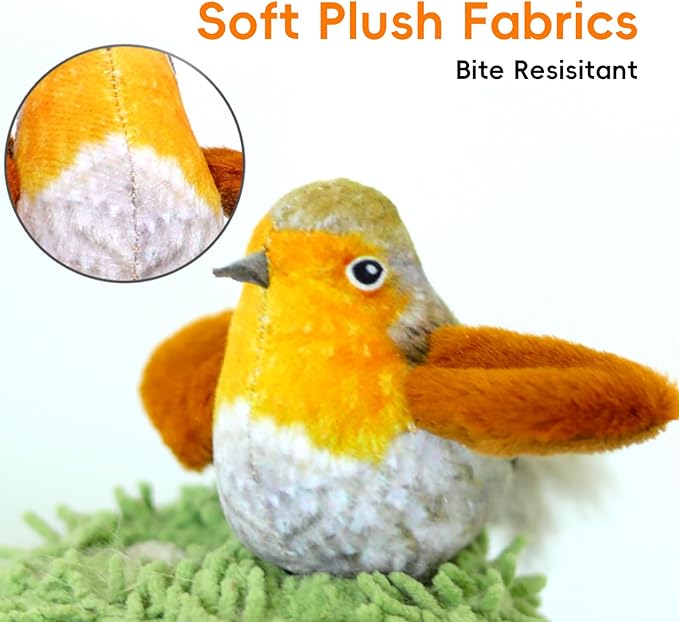 Catnip Cat Toys Satisfy Cat's Natural Hunting Instintion for Indoors Cats Feather Toys Interactive with Lifelike Chirp Sound Chirping Bird Kitten Toy Real Feather(Green Bird)