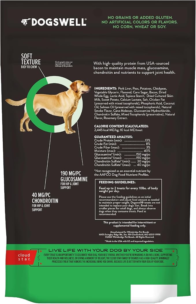 DOGSWELL Hip & Joint Soft & Chewy Dog Treats, Bacon, 14 oz. Pouch