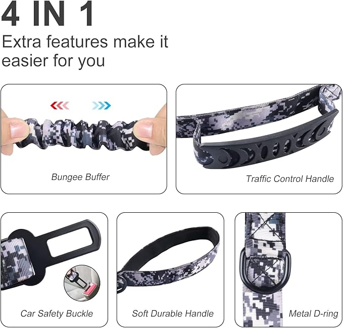 Hotsky Tactical Dog Leash Heavy Duty,4-6Ft Strong Bungee Shock Absorbing Lead with Padded Double Handle,Car Seatbelt,Metal Carabiner Clip,No Pull Leash for Small Dogs,ACU