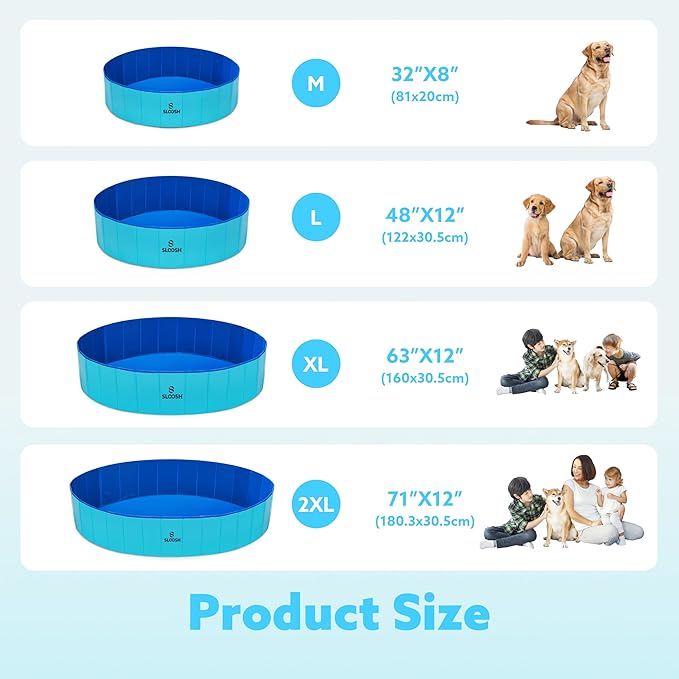 Sloosh Foldable Dog Kiddie Pool - Portable Hard Plastic Doggie Swimming Pool, Anti-Slip Collapsible Pets Bath Tub Suitable for Kids Toddler Indoor Outdoor Backyard Use (Blue, 32" x 8")