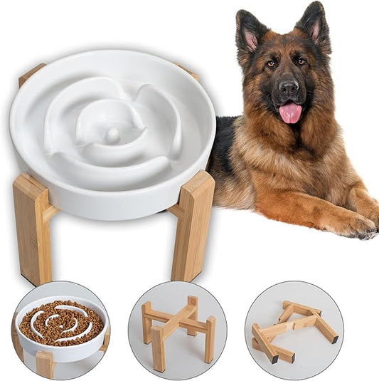 Elevated Slow Feeder Dog Bowl - Ceramic Food Dish with Bamboo Stand - Raised Maze Design - Ideal for Medium to Large Dogs - White - 8.8 inch