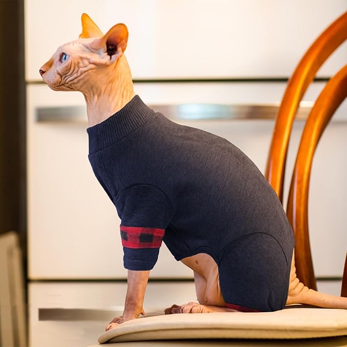 Sphynx Hairless Cats Sweater Shirt Kitten Soft Pullover Cute Cat Pajamas Jumpsuit Cotton Apparel Pet Winter Turtleneck for Cats DarkBlue S