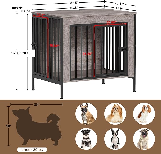 EasyCom Dog Crate Furniture for 1 or 2 Dogs, Heavy Duty Single/Double Dog Crates for Small/Medium/Large Dogs, Dog Kennel Furniture Indoor as TV Stand, Small Size 28.15" L(0-20 Pounds), Oak Grey