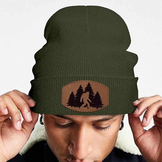 Big Foot Beanie Hat, Sasquatch Leather Patch Winter Knit Skull Cap Bigfoot Gifts for Adult Men Women