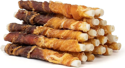 MON2SUN Dog Treats 5 Inch Double Flavor Chicken & Duck Wrapped Rawhide Sticks, Teeth Cleaning for Small Dogs, 10.6 oz (20 Count)