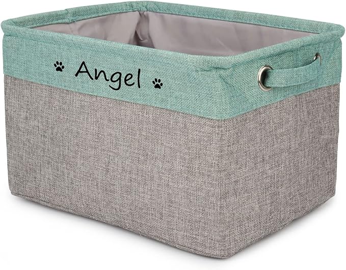 Personalized Dog Toy Bin , Foldable Dog Toy Basket Storage with Handles , Customized Name and Paw Print Pet Toy Box for Organizing Food Clothes Blanket and Pets Accessories(Green Gray)