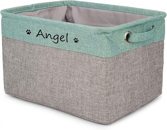 Personalized Dog Toy Bin , Foldable Dog Toy Basket Storage with Handles , Customized Name and Paw Print Pet Toy Box for Organizing Food Clothes Blanket and Pets Accessories(Green Gray)