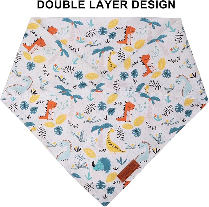 PTDECOR Dinosaurs Dog Bandana, Dinosaurs Design Reversible Pet Scarf Bib, Premium Durable Fabric, Adjustable White Green Bandanas for Small Dogs Puppies Cats(Small)