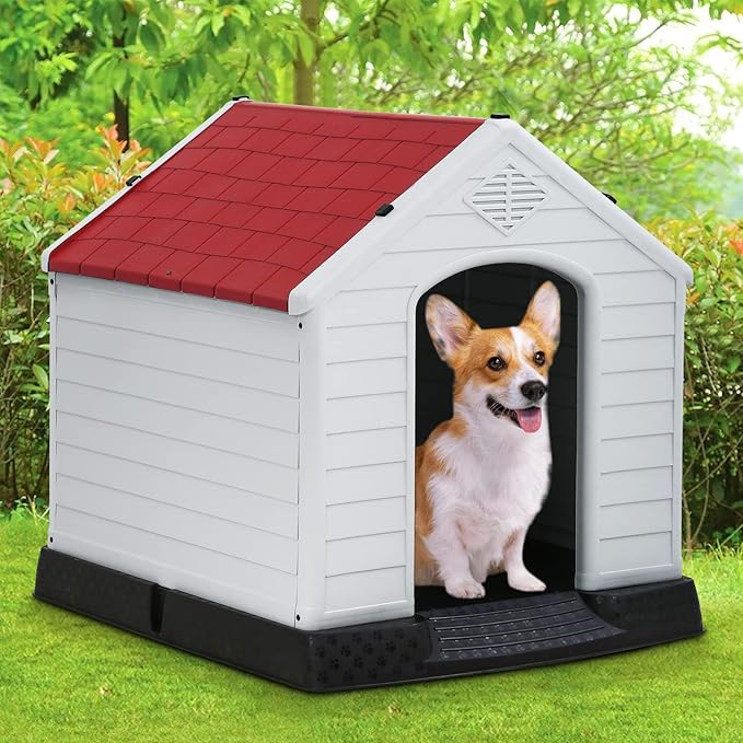 FDW Dog House Indoor Outdoor Durable Ventilate Waterproof Pet Plastic Dog House for Small Medium Large Dogs Insulated Puppy Shelter Kennel Crate with Air Vents and Elevated Floor
