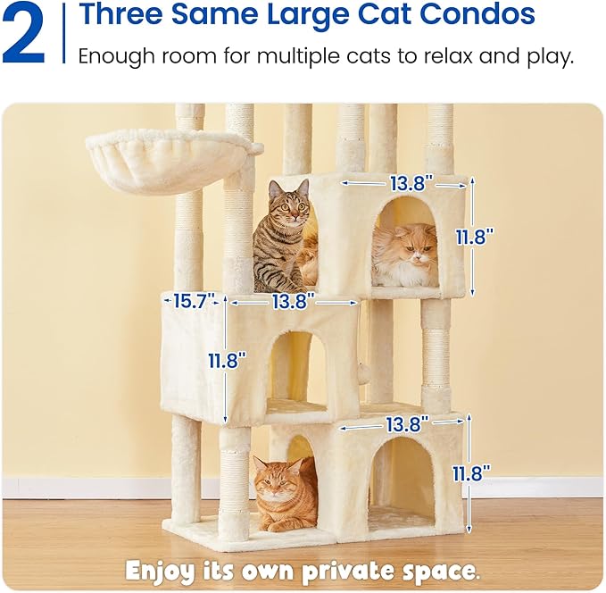 MWPO Large Cat Tree for Indoor Cats, 63-inch Cat Tower with 3 Cat Condos, Scratching Posts, Padded Perches, Hammock, Dangling Toys, Beige