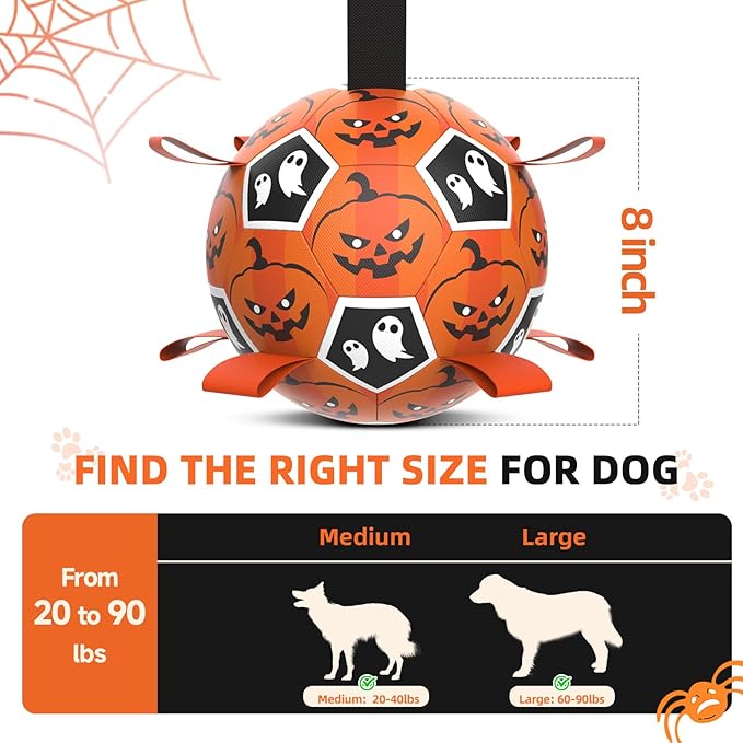 Diman Dog Soccer Ball with Straps, Halloween Dog Toys, Pet Toys Balls for Medium Large, Pet Birthday Gift, Interactive Dogs Toy for Tug of War (7 inch)