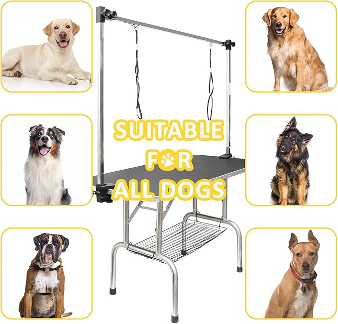 ROOMTEC 46" Dog Grooming Table,Foldable Home Pet Bathing Station with Adjustable Height Arm/Noose/Mesh Tray