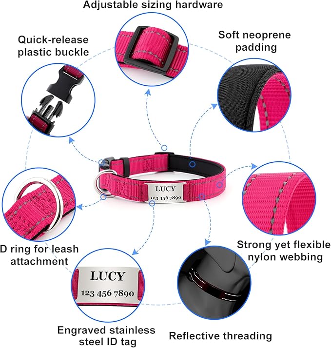 Personalized Dog Collars with Custom Name and Phone Number, Reflective Nylon Pet Collar with Engraved ID Tag, Soft Padded, Quick Release for Small Medium Large Dogs
