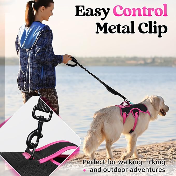 rabbitgoo Escape Proof Dog Harness Medium, Soft Padded Full Body Pet Harness, Reflective Adjustable No Pull Vest with Lift Handle and Leash Clip for Walking Hiking Training, Pink & Black, M