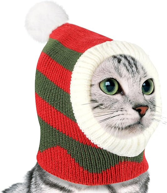 Pawaboo Christmas Pet Hat, Funny Knitted Pets Cap with Pompon, Cute Crocheted Snood Winter Warm Pet Hat, Neck Ear Warmer Hood Warm Scarf Xmas Decoration Santa Hats for Small Dogs, XS, Red+Green
