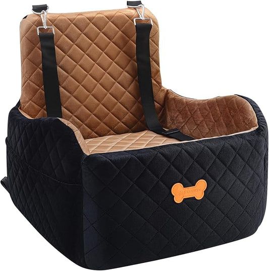 Dog Car Seat for Small Dogs, Dog Booster Seat Filling in Thick Memory Foam with 2 Safety Leashes and Storage Pocket, Suitable for Pet Under 30lb or 2 Puppies (Brown/Black)