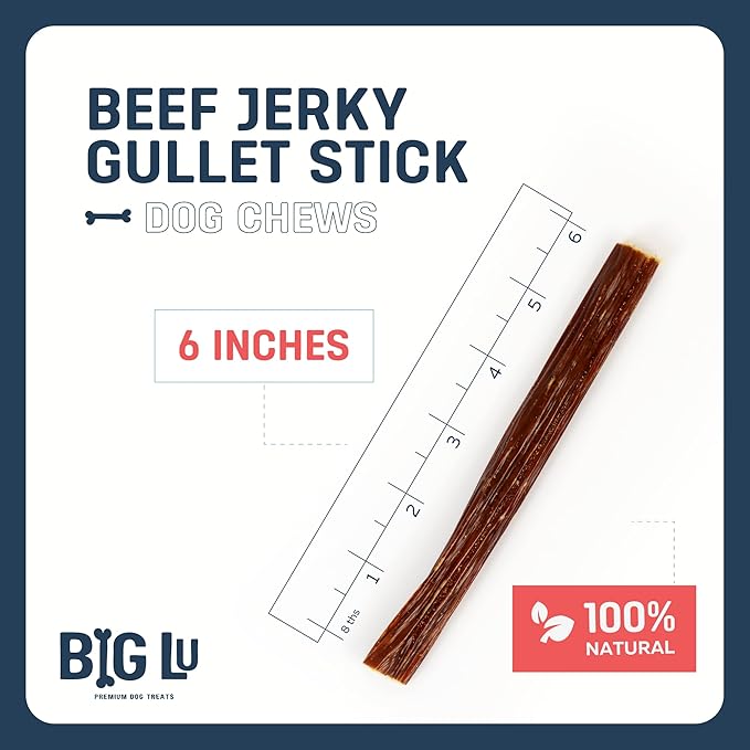 Big Lu - 6-Inch Jerky Gullet Sticks, 6 Count, All-Natural Beef Dog Chews, Grass-Fed, Free-Range, Digestible Treats with Glucosamine and Chondroitin for Joint Health, Dogs