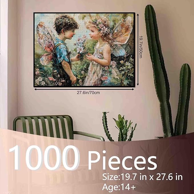 1000 Piece Angel GILR Flowers Jigsaw Puzzle Pixie Boy Wings Jigsaw Puzzles for Adults Elfin Garden Home Decoration Family Puzzle Perfect for Game Nights Ideal Gift Choice 20 x 27 Inch