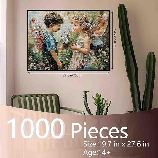 1000 Piece Angel GILR Flowers Jigsaw Puzzle Pixie Boy Wings Jigsaw Puzzles for Adults Elfin Garden Home Decoration Family Puzzle Perfect for Game Nights Ideal Gift Choice 20 x 27 Inch