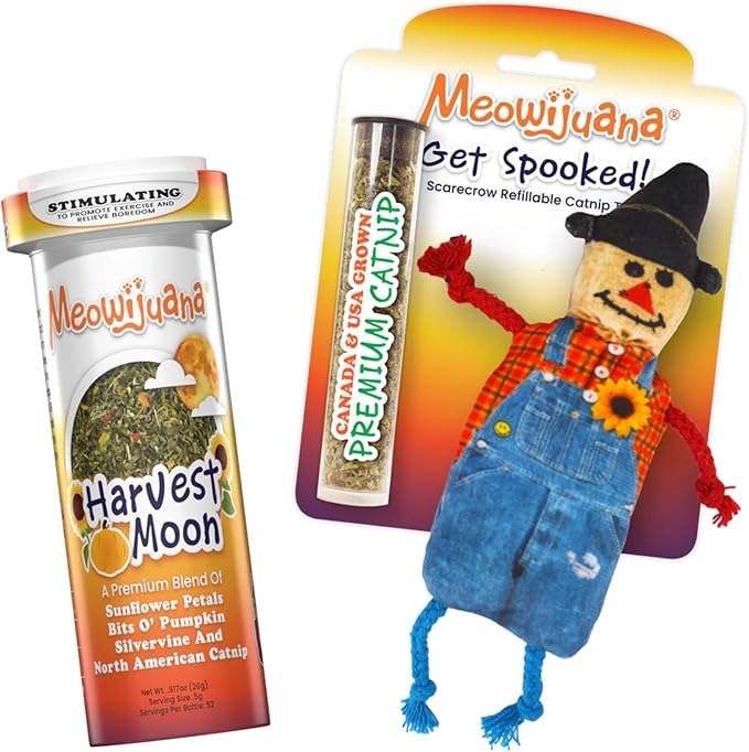 Meowijuana Get Spooked Bundle | Scarecrow Refillable Toy and Harvest Moon Blend | Promotes Play and Cat Health | Includes North American Organic Catnip