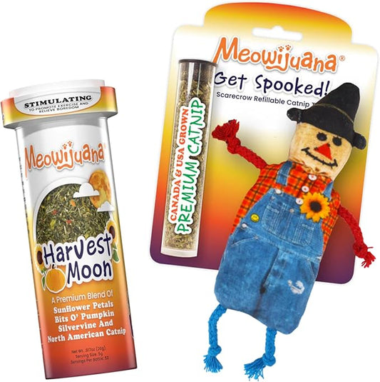 Meowijuana Get Spooked Bundle | Scarecrow Refillable Toy and Harvest Moon Blend | Promotes Play and Cat Health | Includes North American Organic Catnip