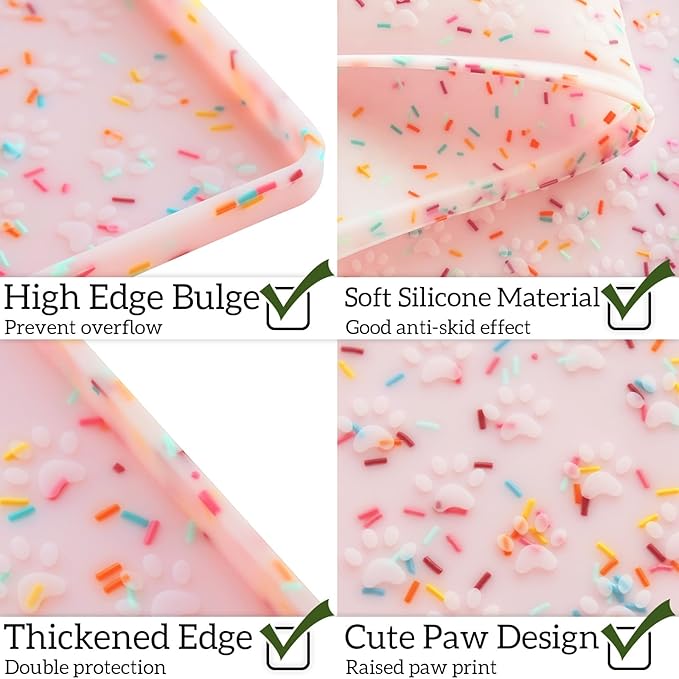 Ptlom Dog Food Mat Anti-Slip Dog Bowl Mats for Food and Water, Waterproof Pet Placemat Prevents Messy Spill to Floor, Silicone Puppy Feeding Tray for Small, Medium and Large Dogs Cats, Pink