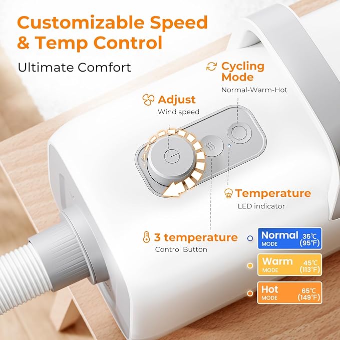 Pecute High-Velocity Dog Hair Dryer, Dog Blow Dryer with Adjustable Speed & Temp, Cool-Warm-Hot Cycle Mode, 4 Nozzles, Soft Noise Pet Dryer for Grooming, Heat Resistant Hose, 6.5ft Cord