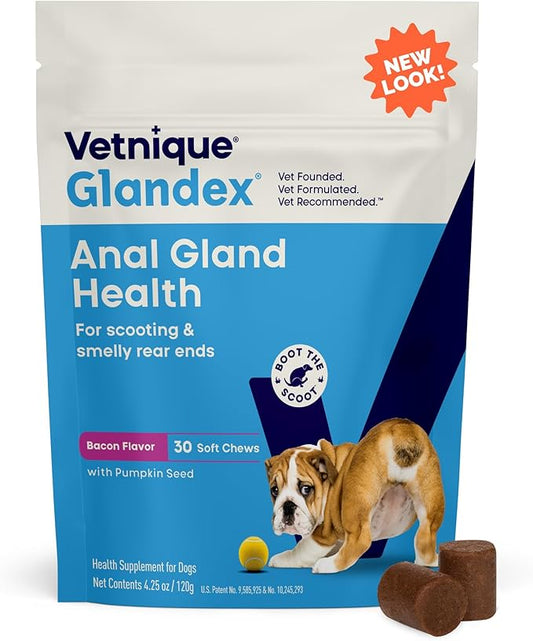 Vetnique Glandex Anal Gland Soft Chew Treats with Pumpkin for Dogs Digestive Enzymes, Probiotics Fiber Supplement for Dogs Boot The Scoot (Bacon Flavor Chews, 30 Count)