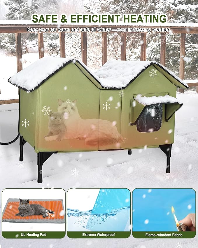 Extra Large Heated Cat House for Outside in Winter, Elevated Heated Outdoor Cat House Weatherproof with Heating pad, Insulated Outdoor Cat Shelter for Multiple Cats Small Dogs(Green)