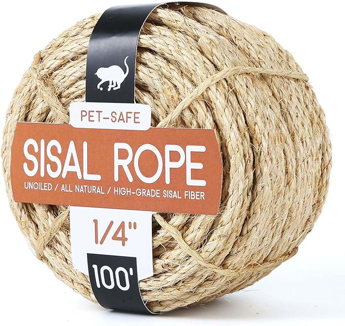 Twisted Sisal Rope 1/4" x 100ft - All Natural Chemical Free, Cat Tree Rope Twine for Scratching Post Repair, Replacement, and Crafts Gardening Home Decorating