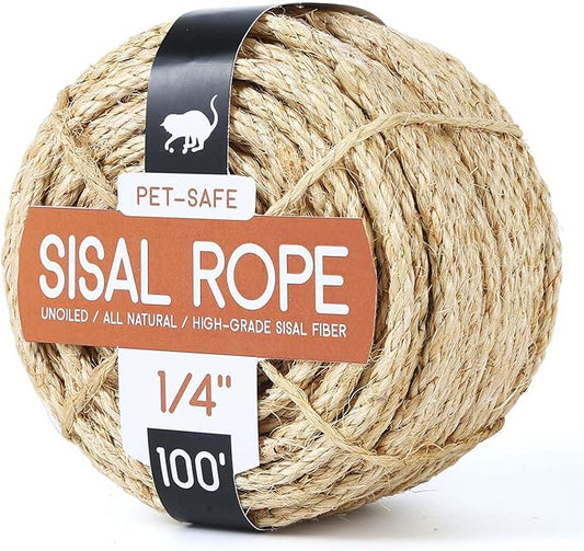 Twisted Sisal Rope 1/4" x 100ft - All Natural Chemical Free, Cat Tree Rope Twine for Scratching Post Repair, Replacement, and Crafts Gardening Home Decorating