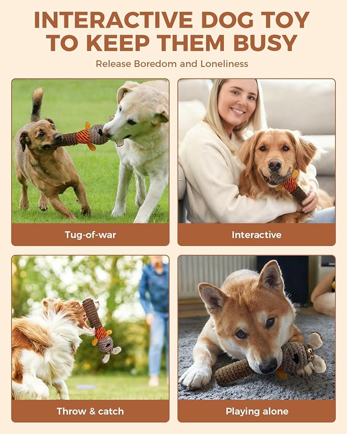 Squeaky Dog Toys for Small Dogs, Interactive Dog Plush Toy for Aggressive Chewers, Tough Chew Gifts for Puppy Teething to Keep Them Busy and Relieve Boredom (Brown Dog)