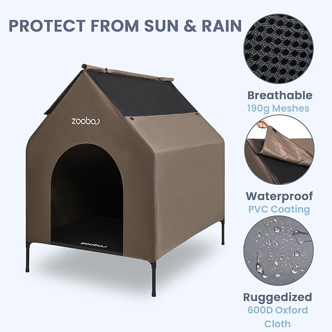 36" Large Dog House for Large Dog Indoor or Outside, Weatherproof 600D PVC Outdoor, Featuring Breathable 2x1 Textilene Elevated Dog Bed, Easy Clean (Brown)