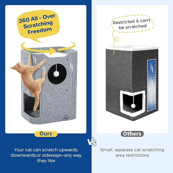 Cat House for Indoor Cats Cat Bed Cave 2-Storey Cats Condo with Cozy Felt Covered Hideaway for Multiple Pets Gray