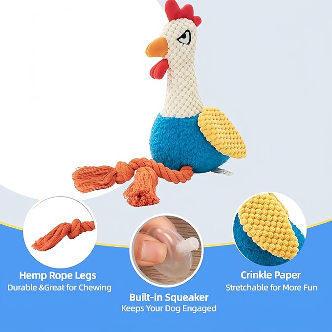 Plush Chicken Dog Toy with Squeaker, Interactive Rope Legs, Colorful Textured Rooster Chew Toy for Small, Medium Dogs, Tug-of-War, Fetch