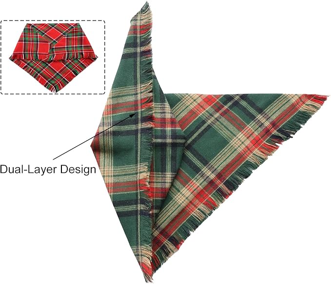 2PCS Christmas Dog Bandanas Plaid Two-Sided with Tassels,Holiday Scarf,Stylish Triangle Dog Outfit for Boy and Girl,Winter Christmas Classic Red-Green Plaid Pet Scarf for Medium to Large Dogs
