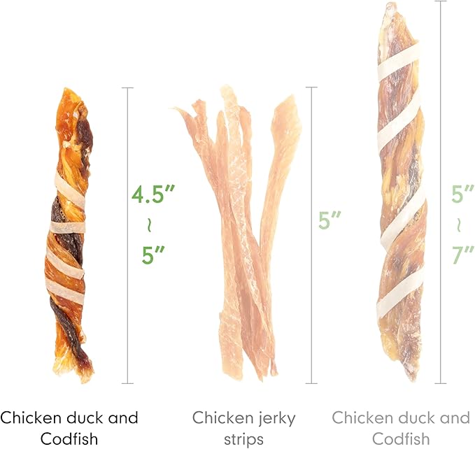 MON2SUN Dog Treats, Triple Flavor Jerky Twist Sticks, 4.5-5 Inch Chicken Duck and Codfish Sticks Chews for Small Dogs, Healthy Snacks, 10.58 oz (30 Count-Pack of 1)