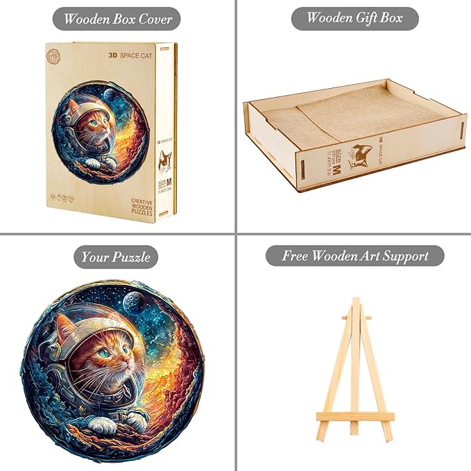 KAAYEE Wooden Puzzles for Adults, 3D Space Cat 300 Piece Unique Animal Shape Puzzle, Cat Wood Puzzle for Adults, Creative Gifts for Friends/Family, Home Decor(13.4 * 13.2in)