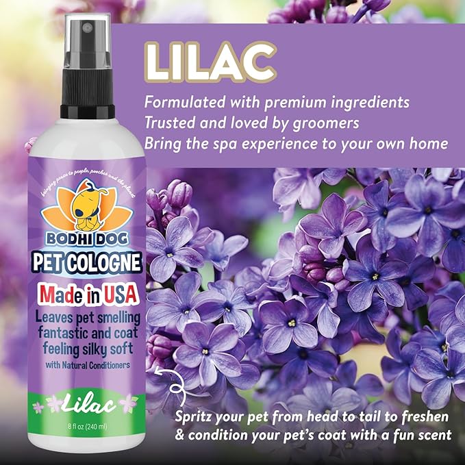 Bodhi Dog Premium Dog Cologne - Deodorizing Dog Perfume & Conditioner for Dogs & Cats - Natural Long Lasting Spray - Keeps Pets Fresh All Day - Gentle & Safe Formula, Made in USA (Lilac 8 Fl Oz)