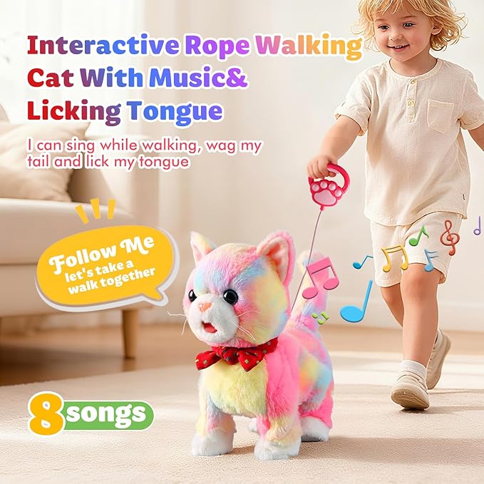 Colorful Leash Walking Cat Set Interactive Talking Cat Singing Dancing Kitten Mimicking Repeat What You Say Kitty Touch and Voice Control Nodding Wagging Tail Plush Electric Kitty for Kid Gril